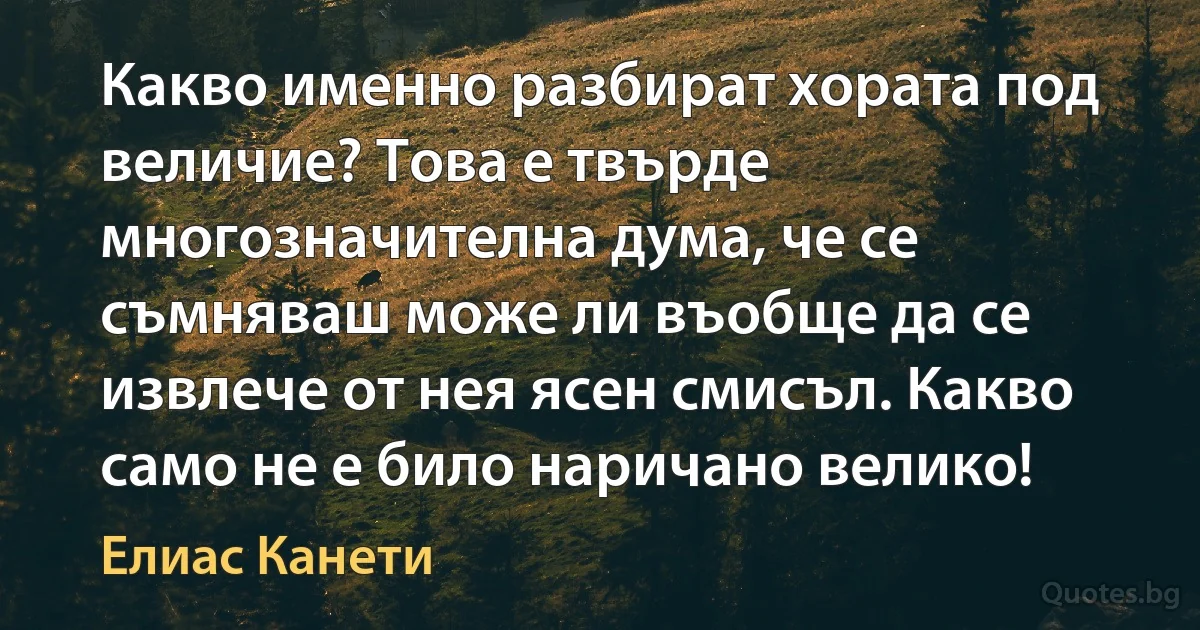 Какво именно разбират хората под величие? Това е твърде многозначителна дума, че се съмняваш може ли въобще да се извлече от нея ясен смисъл. Какво само не е било наричано велико! (Елиас Канети)