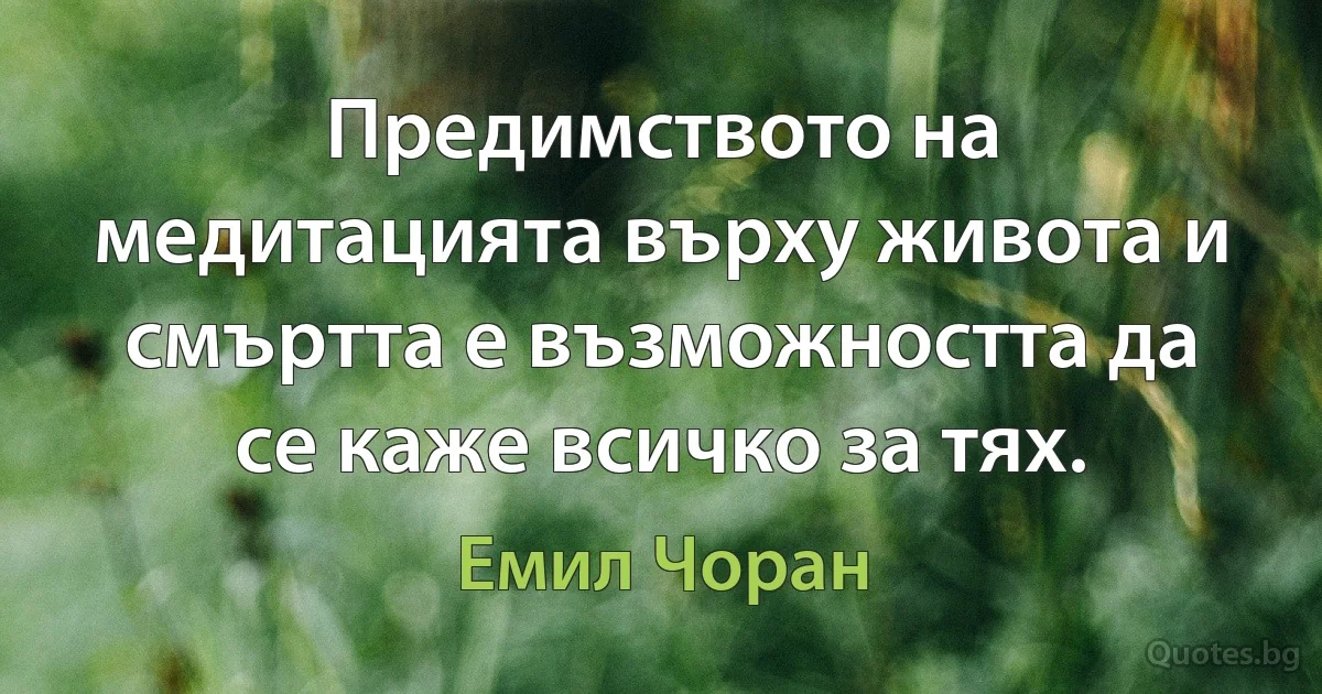 Предимството на медитацията върху живота и смъртта е възможността да се каже всичко за тях. (Емил Чоран)