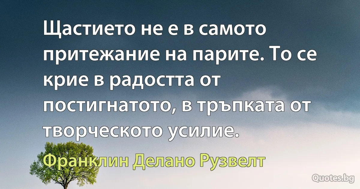 Щастието не е в самото притежание на парите. То се крие в радостта от постигнатото, в тръпката от творческото усилие. (Франклин Делано Рузвелт)