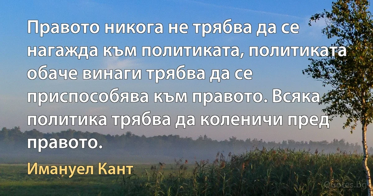 Правото никога не трябва да се нагажда към политиката, политиката обаче винаги трябва да се приспособява към правото. Всяка политика трябва да коленичи пред правото. (Имануел Кант)