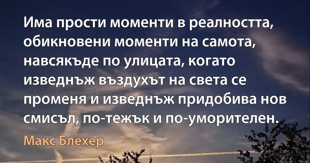 Има прости моменти в реалността, обикновени моменти на самота, навсякъде по улицата, когато изведнъж въздухът на света се променя и изведнъж придобива нов смисъл, по-тежък и по-уморителен. (Макс Блехер)