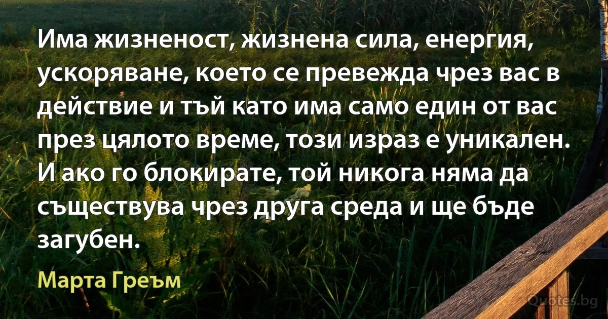 Има жизненост, жизнена сила, енергия, ускоряване, което се превежда чрез вас в действие и тъй като има само един от вас през цялото време, този израз е уникален. И ако го блокирате, той никога няма да съществува чрез друга среда и ще бъде загубен. (Марта Греъм)