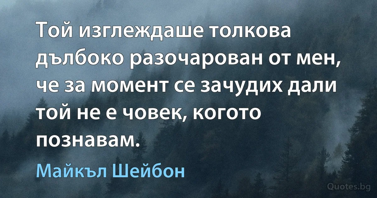 Той изглеждаше толкова дълбоко разочарован от мен, че за момент се зачудих дали той не е човек, когото познавам. (Майкъл Шейбон)