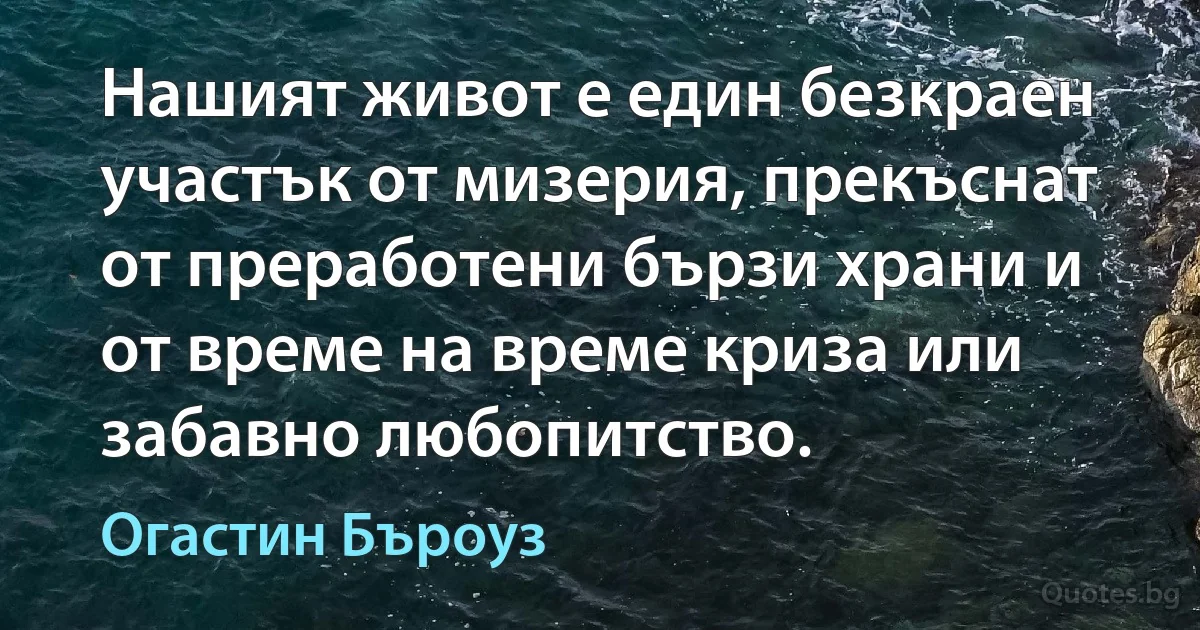 Нашият живот е един безкраен участък от мизерия, прекъснат от преработени бързи храни и от време на време криза или забавно любопитство. (Огастин Бъроуз)