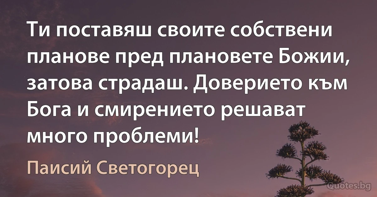 Ти поставяш своите собствени планове пред плановете Божии, затова страдаш. Доверието към Бога и смирението решават много проблеми! (Паисий Светогорец)