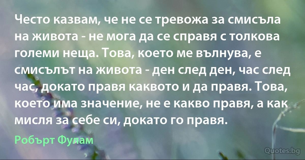 Често казвам, че не се тревожа за смисъла на живота - не мога да се справя с толкова големи неща. Това, което ме вълнува, е смисълът на живота - ден след ден, час след час, докато правя каквото и да правя. Това, което има значение, не е какво правя, а как мисля за себе си, докато го правя. (Робърт Фулам)