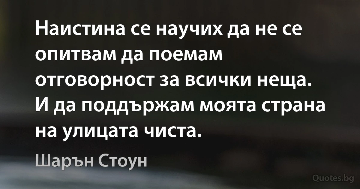 Наистина се научих да не се опитвам да поемам отговорност за всички неща. И да поддържам моята страна на улицата чиста. (Шарън Стоун)