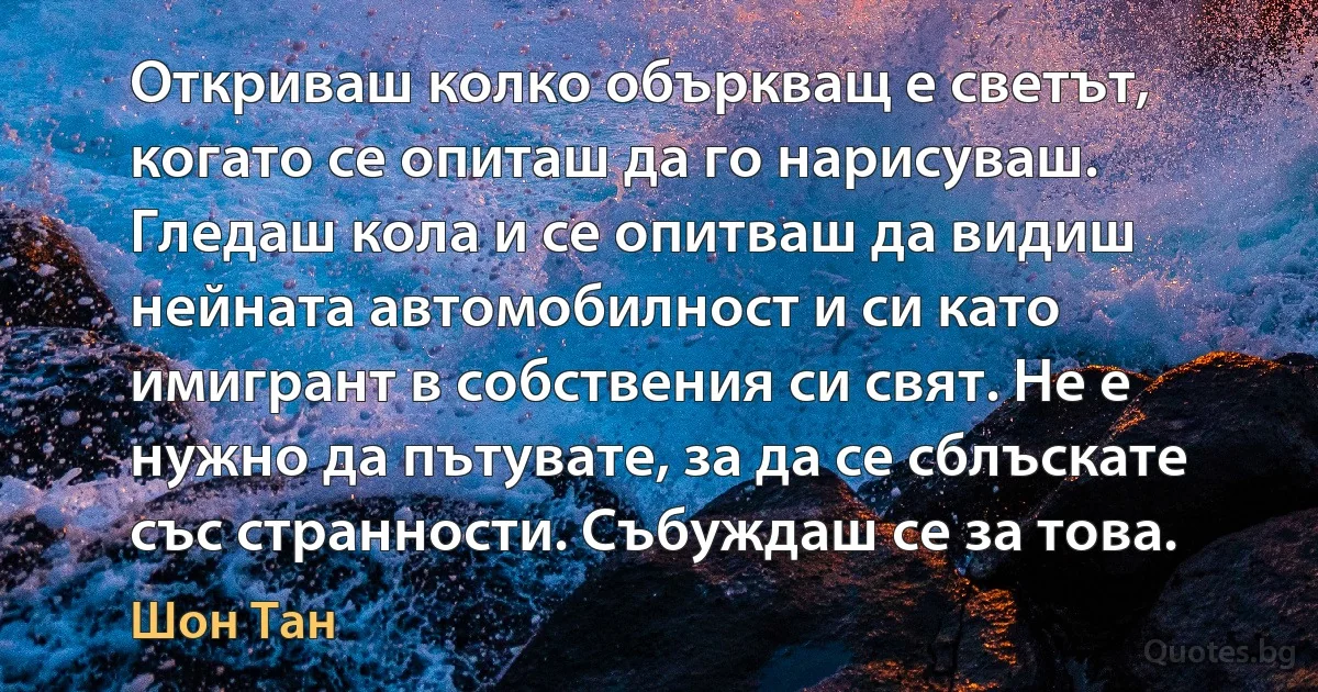 Откриваш колко объркващ е светът, когато се опиташ да го нарисуваш. Гледаш кола и се опитваш да видиш нейната автомобилност и си като имигрант в собствения си свят. Не е нужно да пътувате, за да се сблъскате със странности. Събуждаш се за това. (Шон Тан)