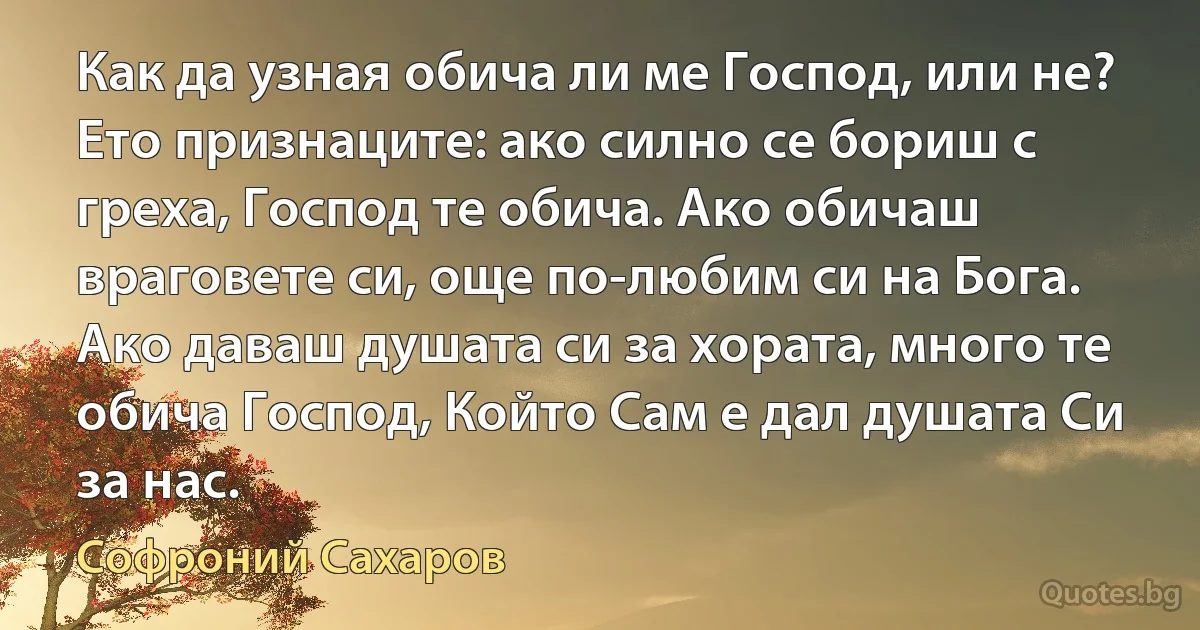 Как да узная обича ли ме Господ, или не? Ето признаците: ако силно се бориш с греха, Господ те обича. Ако обичаш враговете си, още по-любим си на Бога. Ако даваш душата си за хората, много те обича Господ, Който Сам е дал душата Си за нас. (Софроний Сахаров)