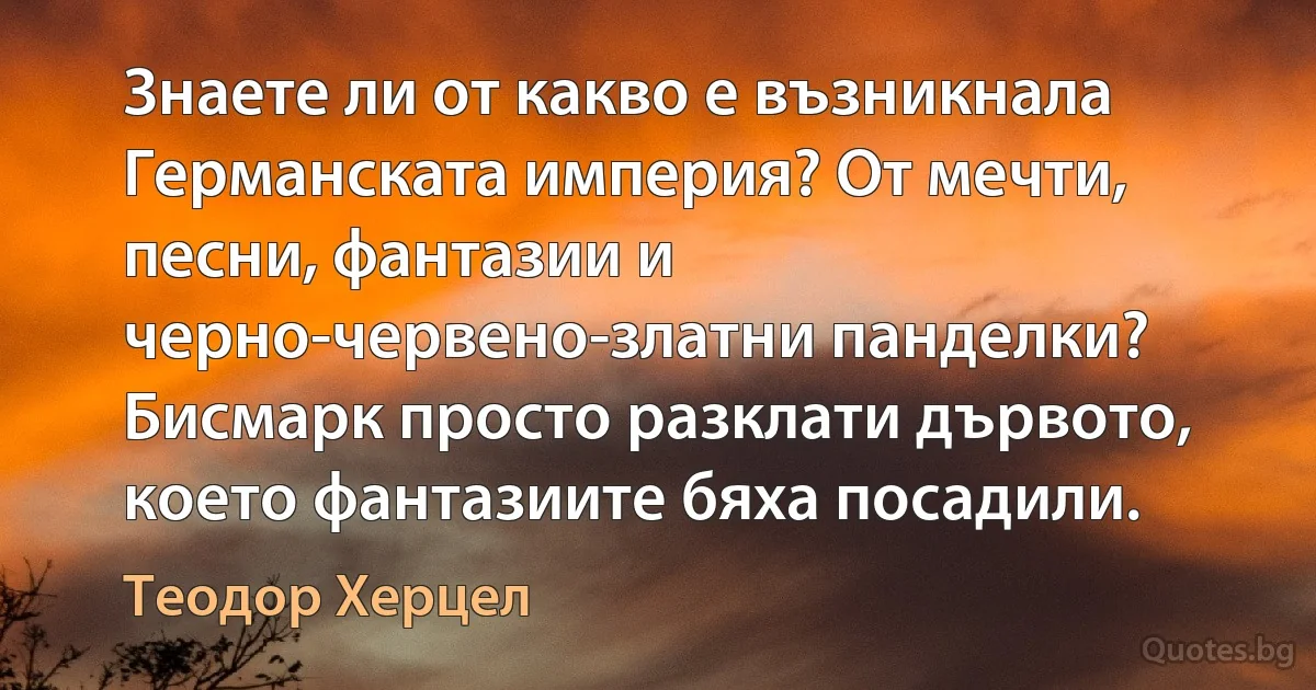 Знаете ли от какво е възникнала Германската империя? От мечти, песни, фантазии и черно-червено-златни панделки? Бисмарк просто разклати дървото, което фантазиите бяха посадили. (Теодор Херцел)