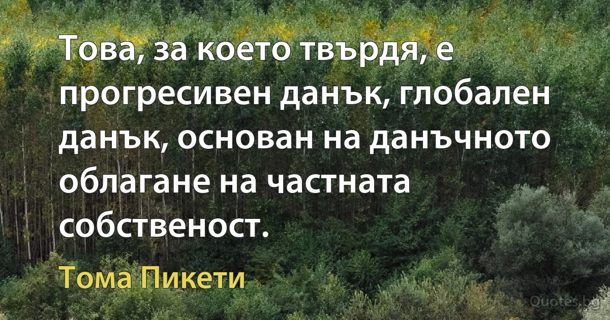 Това, за което твърдя, е прогресивен данък, глобален данък, основан на данъчното облагане на частната собственост. (Тома Пикети)