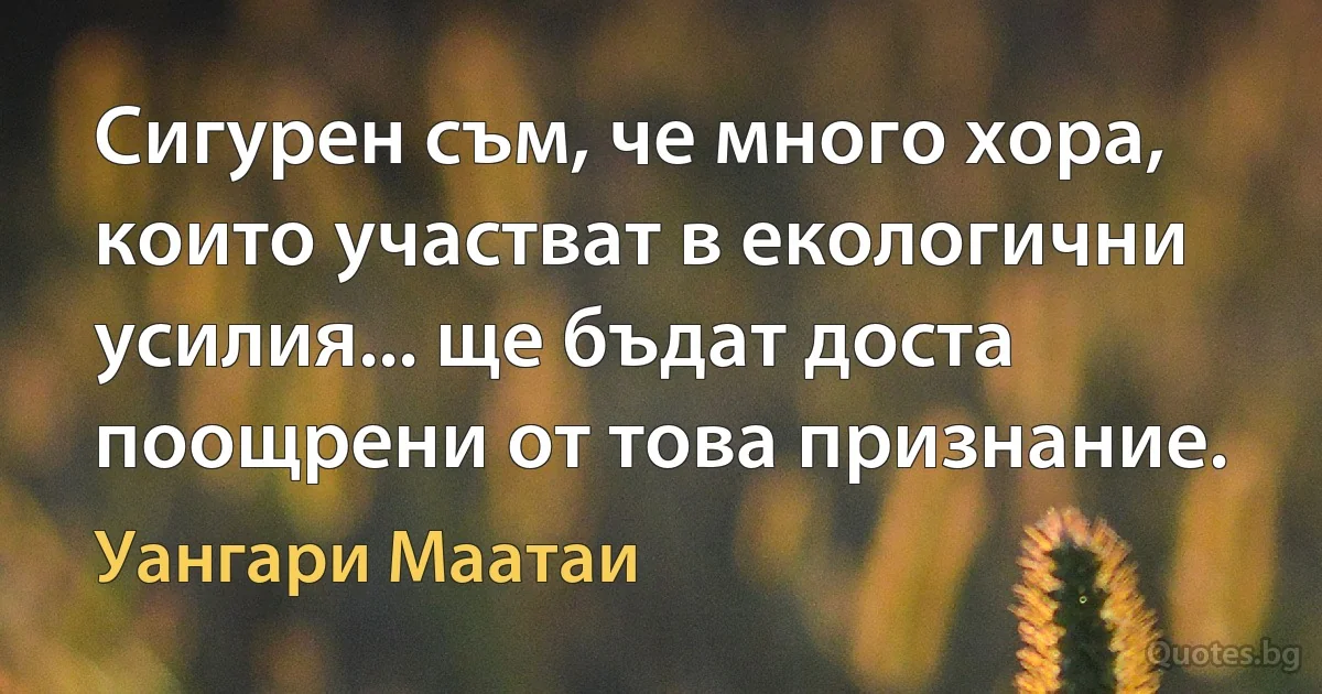 Сигурен съм, че много хора, които участват в екологични усилия... ще бъдат доста поощрени от това признание. (Уангари Маатаи)