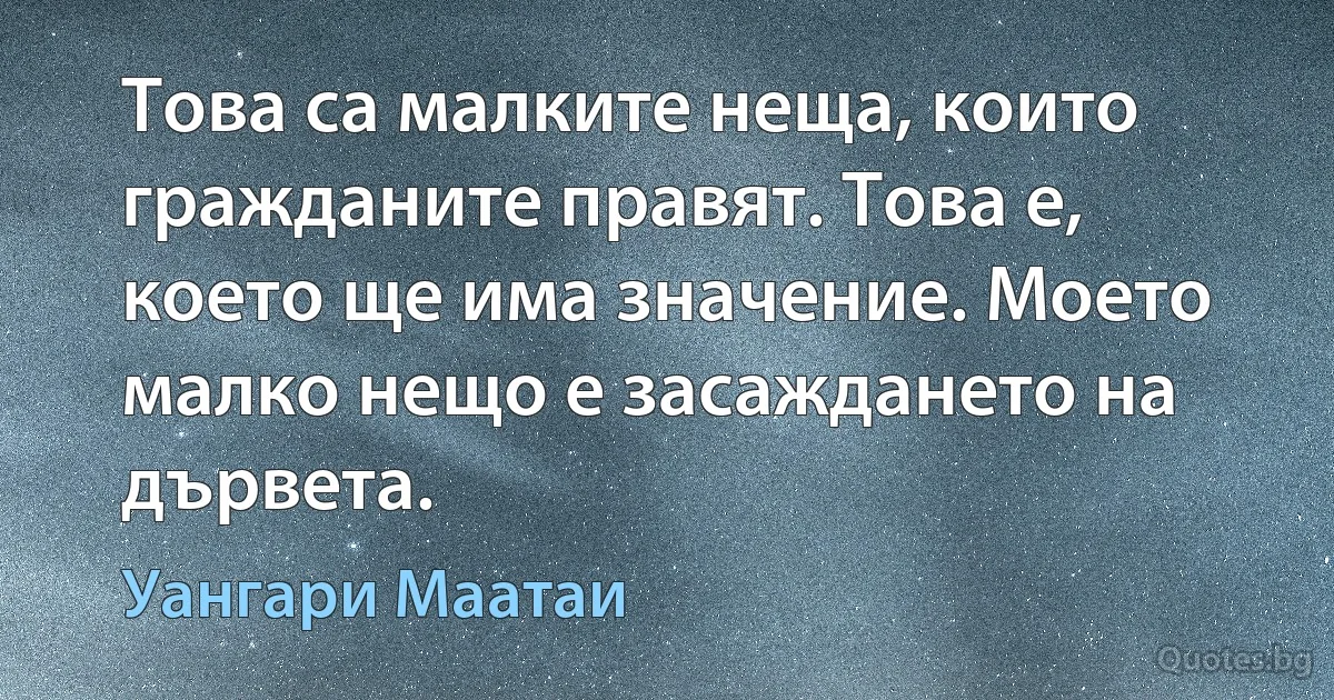 Това са малките неща, които гражданите правят. Това е, което ще има значение. Моето малко нещо е засаждането на дървета. (Уангари Маатаи)