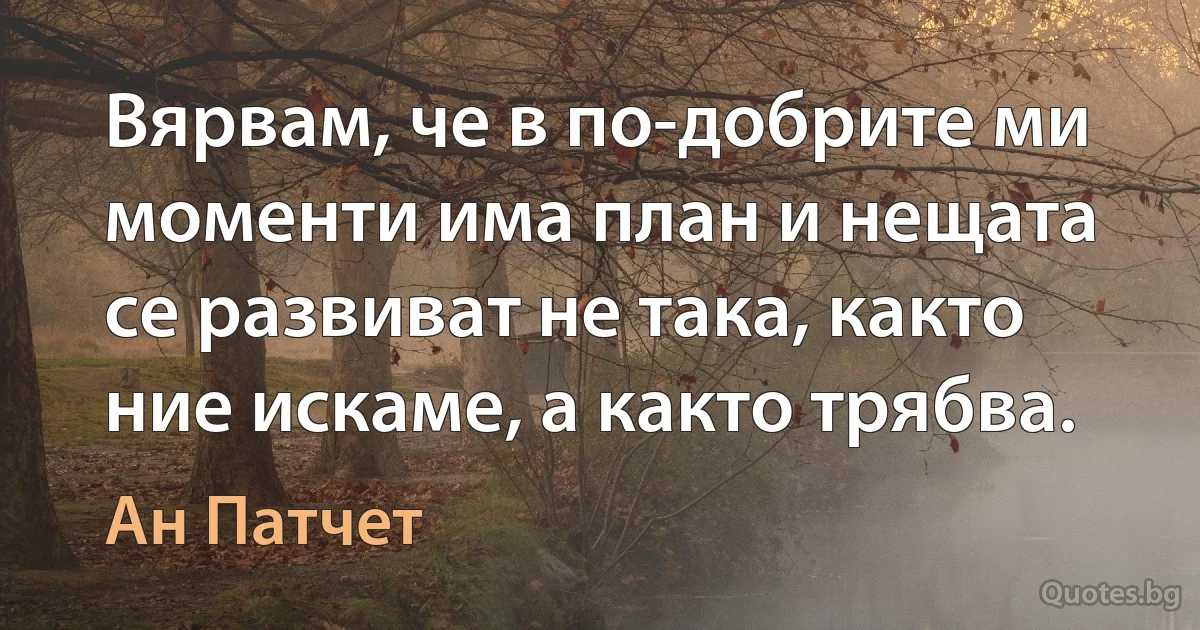 Вярвам, че в по-добрите ми моменти има план и нещата се развиват не така, както ние искаме, а както трябва. (Ан Патчет)