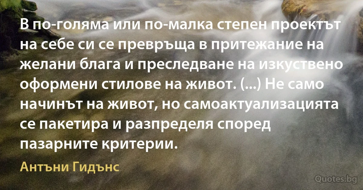 В по-голяма или по-малка степен проектът на себе си се превръща в притежание на желани блага и преследване на изкуствено оформени стилове на живот. (...) Не само начинът на живот, но самоактуализацията се пакетира и разпределя според пазарните критерии. (Антъни Гидънс)