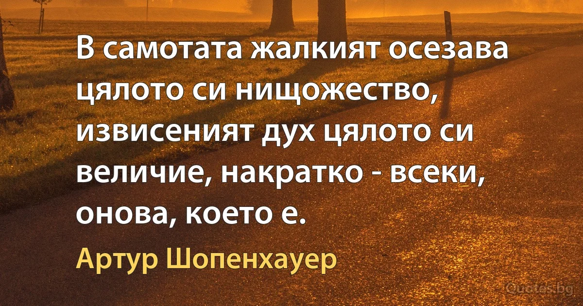 В самотата жалкият осезава цялото си нищожество, извисеният дух цялото си величие, накратко - всеки, онова, което е. (Артур Шопенхауер)