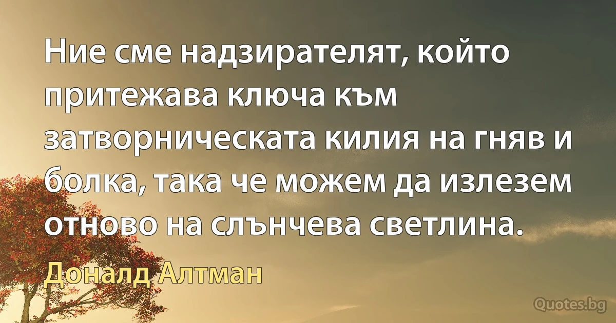 Ние сме надзирателят, който притежава ключа към затворническата килия на гняв и болка, така че можем да излезем отново на слънчева светлина. (Доналд Алтман)