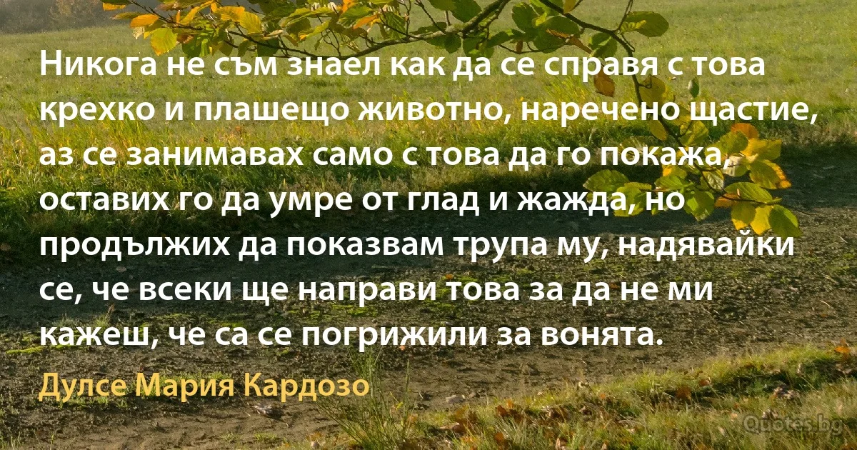 Никога не съм знаел как да се справя с това крехко и плашещо животно, наречено щастие, аз се занимавах само с това да го покажа, оставих го да умре от глад и жажда, но продължих да показвам трупа му, надявайки се, че всеки ще направи това за да не ми кажеш, че са се погрижили за вонята. (Дулсе Мария Кардозо)