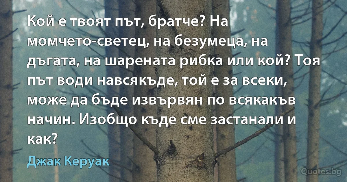 Кой е твоят път, братче? На момчето-светец, на безумеца, на дъгата, на шарената рибка или кой? Тоя път води навсякъде, той е за всеки, може да бъде извървян по всякакъв начин. Изобщо къде сме застанали и как? (Джак Керуак)