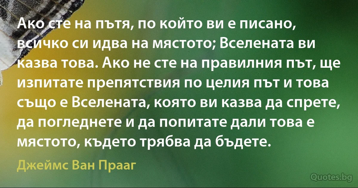 Ако сте на пътя, по който ви е писано, всичко си идва на мястото; Вселената ви казва това. Ако не сте на правилния път, ще изпитате препятствия по целия път и това също е Вселената, която ви казва да спрете, да погледнете и да попитате дали това е мястото, където трябва да бъдете. (Джеймс Ван Прааг)