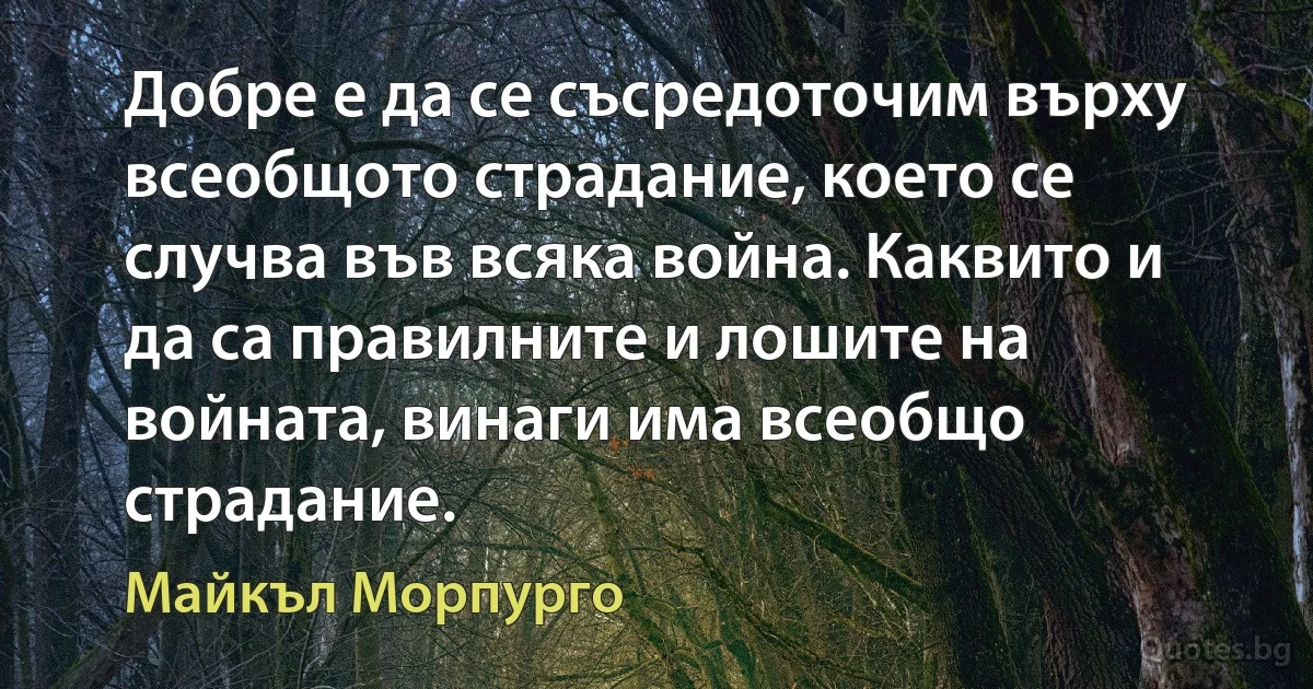 Добре е да се съсредоточим върху всеобщото страдание, което се случва във всяка война. Каквито и да са правилните и лошите на войната, винаги има всеобщо страдание. (Майкъл Морпурго)