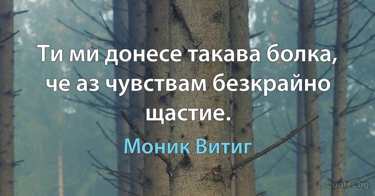 Ти ми донесе такава болка, че аз чувствам безкрайно щастие. (Моник Витиг)