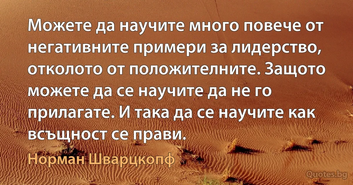 Можете да научите много повече от негативните примери за лидерство, отколото от положителните. Защото можете да се научите да не го прилагате. И така да се научите как всъщност се прави. (Норман Шварцкопф)