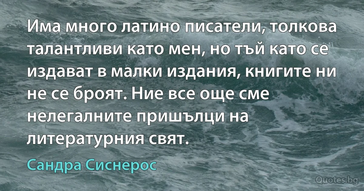 Има много латино писатели, толкова талантливи като мен, но тъй като се издават в малки издания, книгите ни не се броят. Ние все още сме нелегалните пришълци на литературния свят. (Сандра Сиснерос)