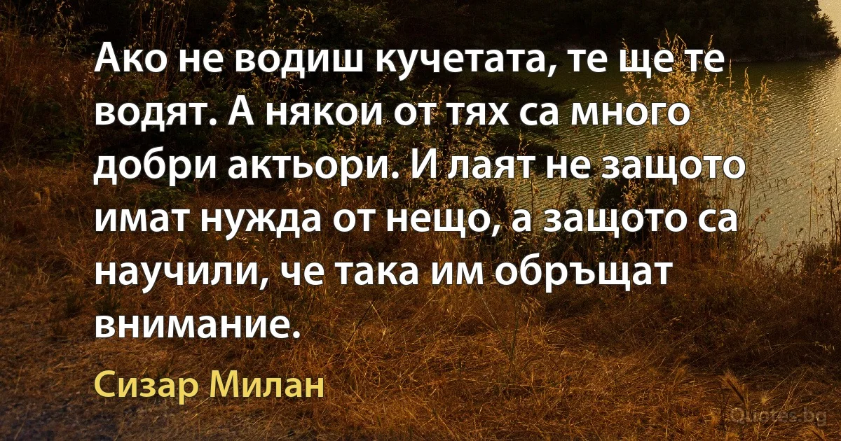 Ако не водиш кучетата, те ще те водят. А някои от тях са много добри актьори. И лаят не защото имат нужда от нещо, а защото са научили, че така им обръщат внимание. (Сизар Милан)