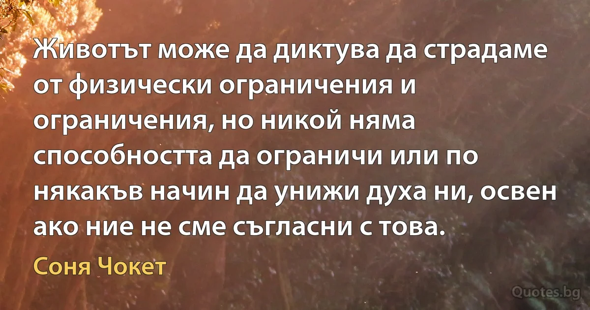 Животът може да диктува да страдаме от физически ограничения и ограничения, но никой няма способността да ограничи или по някакъв начин да унижи духа ни, освен ако ние не сме съгласни с това. (Соня Чокет)