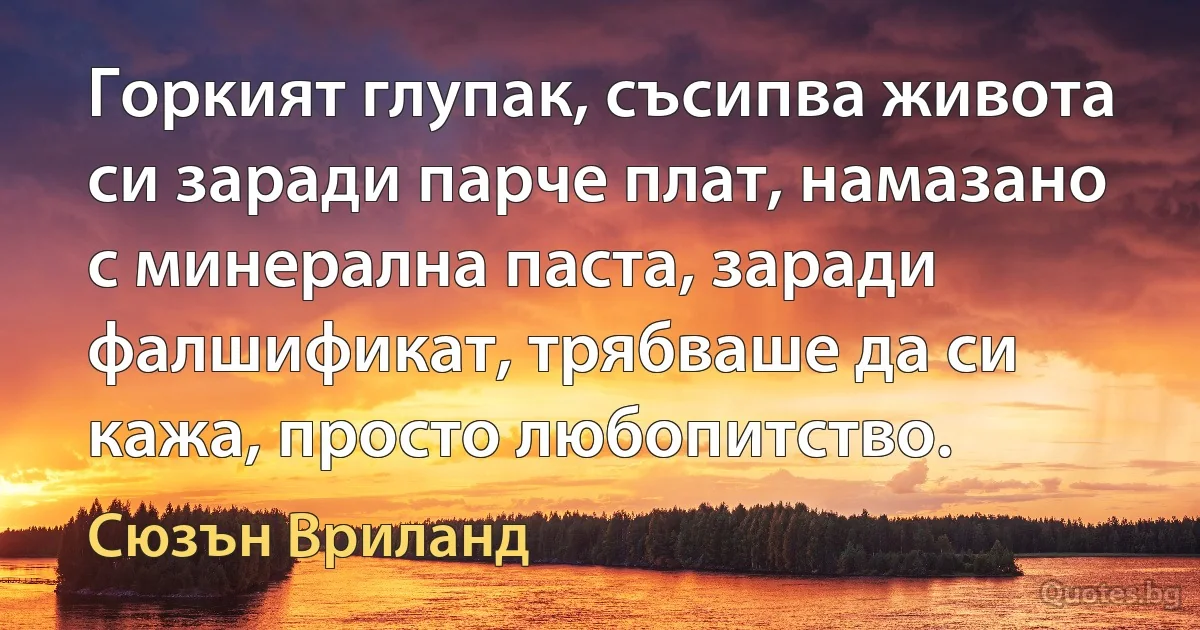 Горкият глупак, съсипва живота си заради парче плат, намазано с минерална паста, заради фалшификат, трябваше да си кажа, просто любопитство. (Сюзън Вриланд)