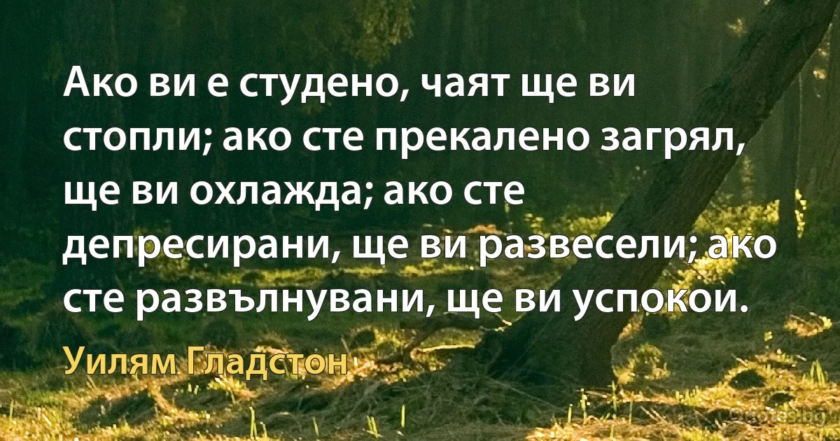 Ако ви е студено, чаят ще ви стопли; ако сте прекалено загрял, ще ви охлажда; ако сте депресирани, ще ви развесели; ако сте развълнувани, ще ви успокои. (Уилям Гладстон)