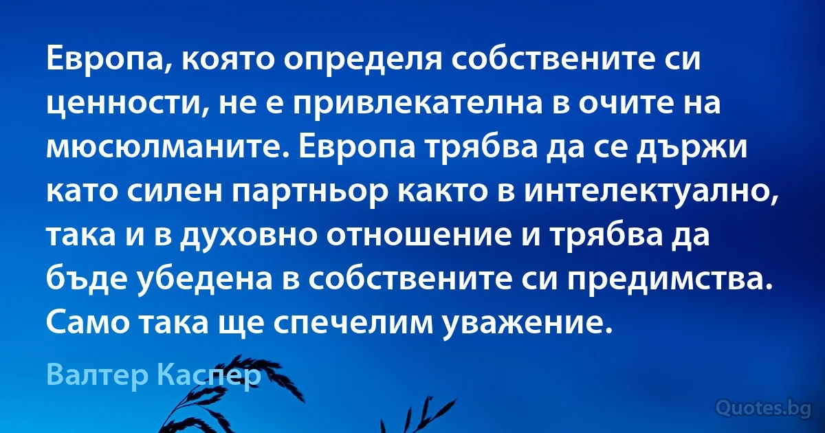 Европа, която определя собствените си ценности, не е привлекателна в очите на мюсюлманите. Европа трябва да се държи като силен партньор както в интелектуално, така и в духовно отношение и трябва да бъде убедена в собствените си предимства. Само така ще спечелим уважение. (Валтер Каспер)