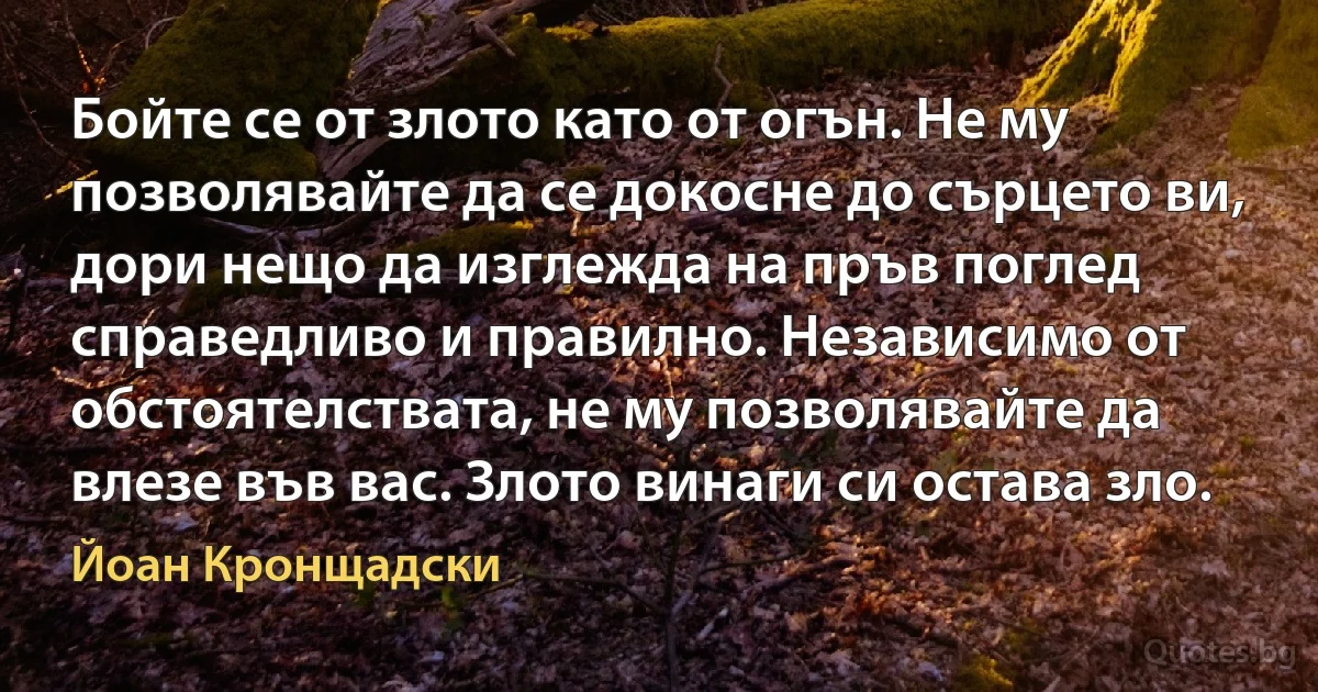 Бойте се от злото като от огън. Не му позволявайте да се докосне до сърцето ви, дори нещо да изглежда на пръв поглед справедливо и правилно. Независимо от обстоятелствата, не му позволявайте да влезе във вас. Злото винаги си остава зло. (Йоан Кронщадски)