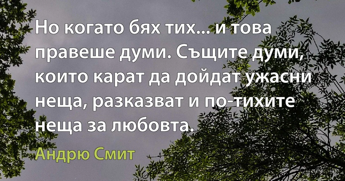 Но когато бях тих... и това правеше думи. Същите думи, които карат да дойдат ужасни неща, разказват и по-тихите неща за любовта. (Андрю Смит)