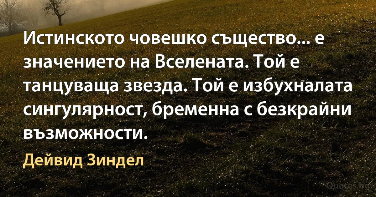 Истинското човешко същество... е значението на Вселената. Той е танцуваща звезда. Той е избухналата сингулярност, бременна с безкрайни възможности. (Дейвид Зиндел)