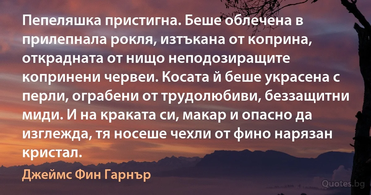 Пепеляшка пристигна. Беше облечена в прилепнала рокля, изтъкана от коприна, открадната от нищо неподозиращите копринени червеи. Косата й беше украсена с перли, ограбени от трудолюбиви, беззащитни миди. И на краката си, макар и опасно да изглежда, тя носеше чехли от фино нарязан кристал. (Джеймс Фин Гарнър)