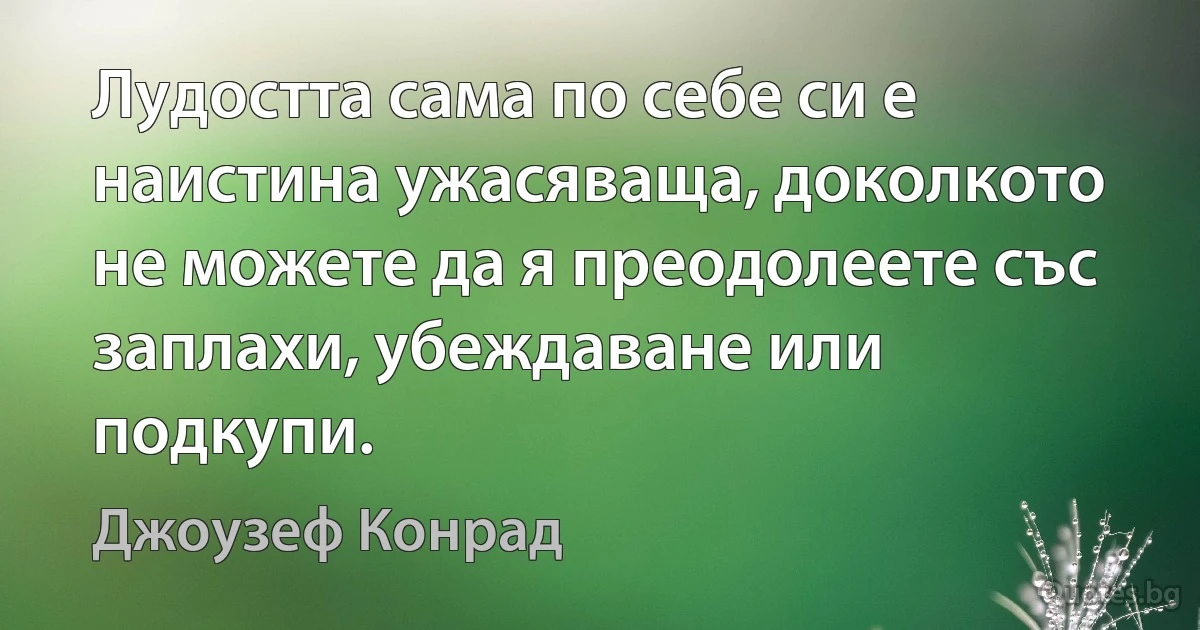 Лудостта сама по себе си е наистина ужасяваща, доколкото не можете да я преодолеете със заплахи, убеждаване или подкупи. (Джоузеф Конрад)