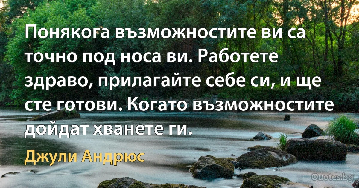 Понякога възможностите ви са точно под носа ви. Работете здраво, прилагайте себе си, и ще сте готови. Когато възможностите дойдат хванете ги. (Джули Андрюс)