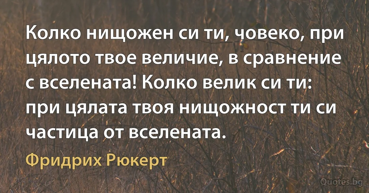 Колко нищожен си ти, човеко, при цялото твое величие, в сравнение с вселената! Колко велик си ти: при цялата твоя нищожност ти си частица от вселената. (Фридрих Рюкерт)