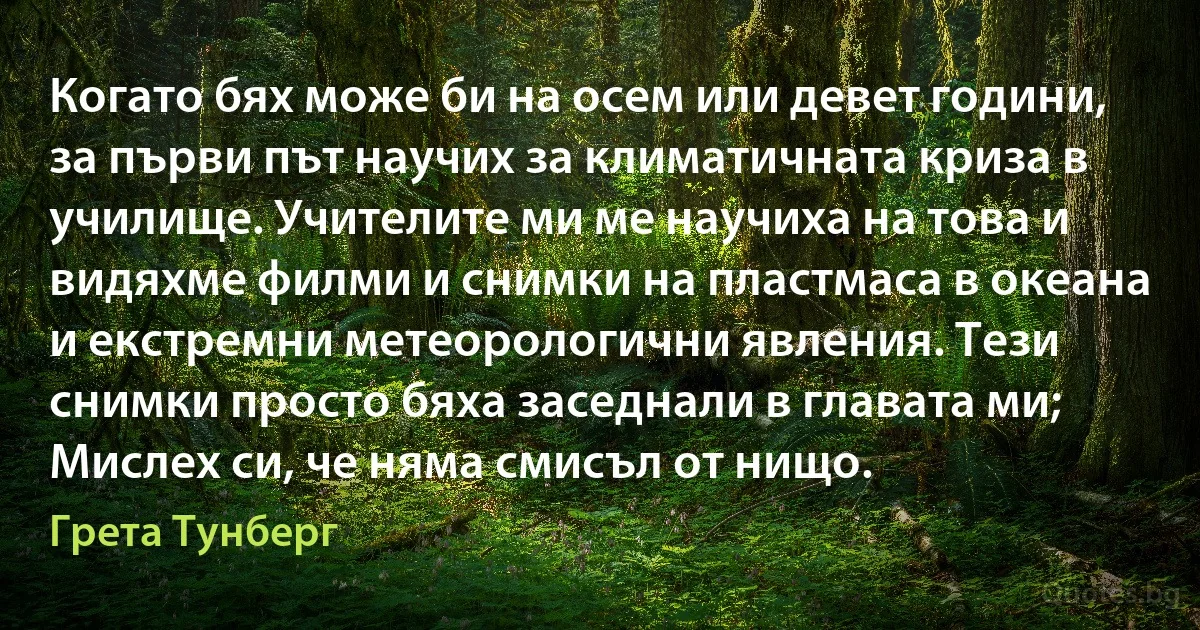 Когато бях може би на осем или девет години, за първи път научих за климатичната криза в училище. Учителите ми ме научиха на това и видяхме филми и снимки на пластмаса в океана и екстремни метеорологични явления. Тези снимки просто бяха заседнали в главата ми; Мислех си, че няма смисъл от нищо. (Грета Тунберг)