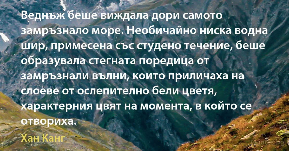 Веднъж беше виждала дори самото замръзнало море. Необичайно ниска водна шир, примесена със студено течение, беше образувала стегната поредица от замръзнали вълни, които приличаха на слоеве от ослепително бели цветя, характерния цвят на момента, в който се отвориха. (Хан Канг)