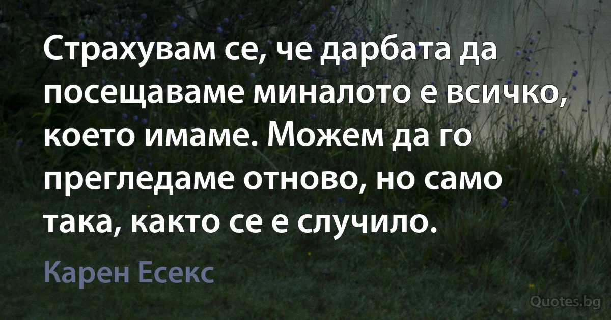 Страхувам се, че дарбата да посещаваме миналото е всичко, което имаме. Можем да го прегледаме отново, но само така, както се е случило. (Карен Есекс)