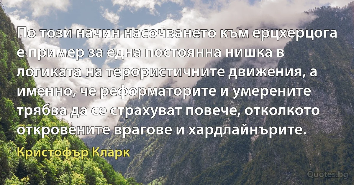 По този начин насочването към ерцхерцога е пример за една постоянна нишка в логиката на терористичните движения, а именно, че реформаторите и умерените трябва да се страхуват повече, отколкото откровените врагове и хардлайнърите. (Кристофър Кларк)