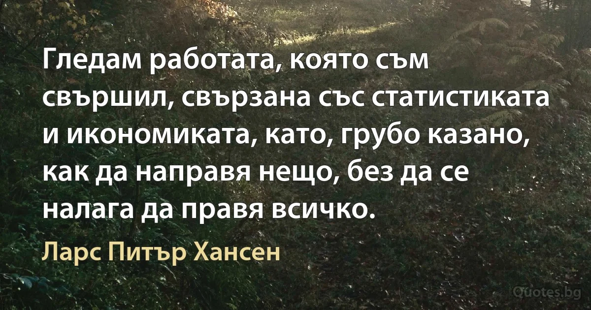 Гледам работата, която съм свършил, свързана със статистиката и икономиката, като, грубо казано, как да направя нещо, без да се налага да правя всичко. (Ларс Питър Хансен)