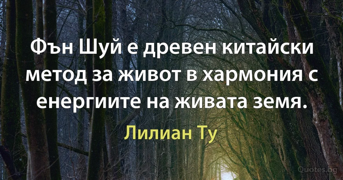 Фън Шуй е древен китайски метод за живот в хармония с енергиите на живата земя. (Лилиан Ту)