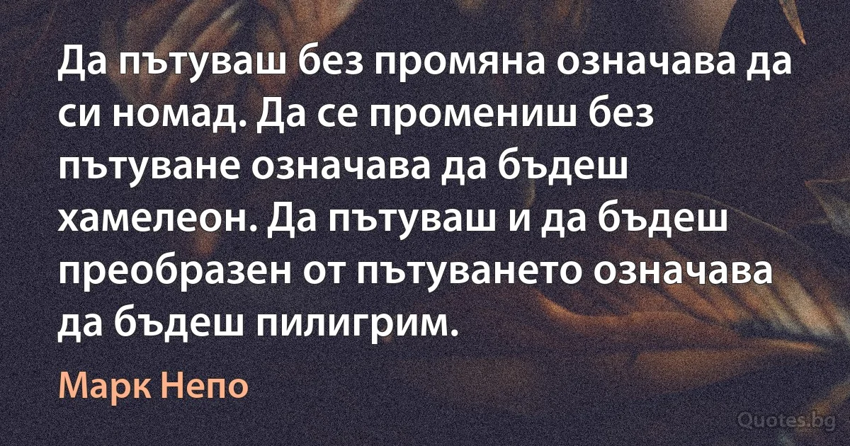 Да пътуваш без промяна означава да си номад. Да се промениш без пътуване означава да бъдеш хамелеон. Да пътуваш и да бъдеш преобразен от пътуването означава да бъдеш пилигрим. (Марк Непо)