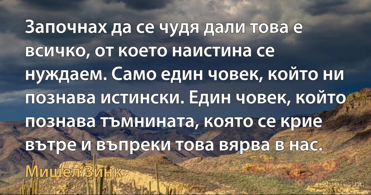 Започнах да се чудя дали това е всичко, от което наистина се нуждаем. Само един човек, който ни познава истински. Един човек, който познава тъмнината, която се крие вътре и въпреки това вярва в нас. (Мишел Зинк)