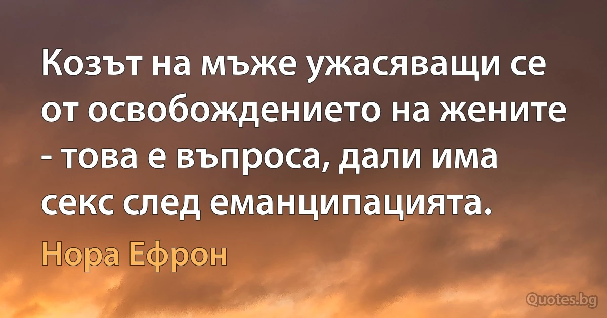 Козът на мъже ужасяващи се от освобождението на жените - това е въпроса, дали има секс след еманципацията. (Нора Ефрон)