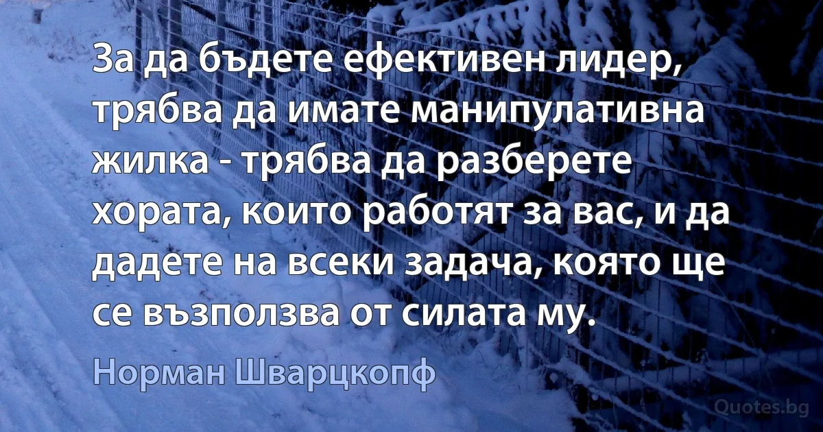 За да бъдете ефективен лидер, трябва да имате манипулативна жилка - трябва да разберете хората, които работят за вас, и да дадете на всеки задача, която ще се възползва от силата му. (Норман Шварцкопф)